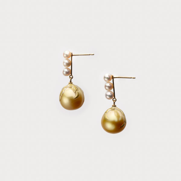 18K Yellow Gold South Sea and Akoya Pearl with Maki-e Earrings