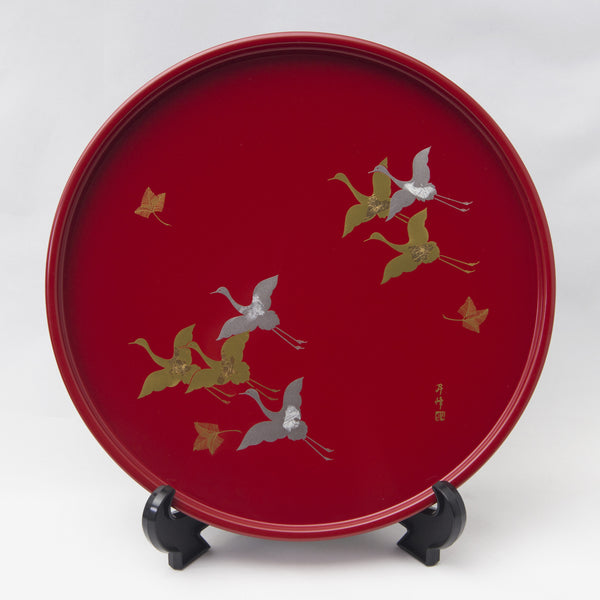 Round Lacquer Tray Gold Cranes Red