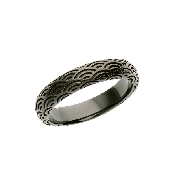 Silver Seigaiha Pattern Ring - Black