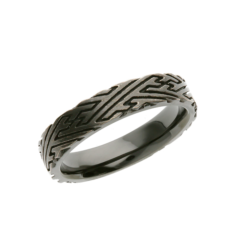 Silver Sayagata Pattern Ring - Black