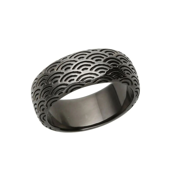 Silver Seigaiha Pattern Ring - Wide Black