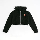 Black hoodie with a small red logo on a white background