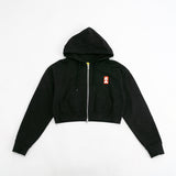 Black hoodie with a small red logo on a white background