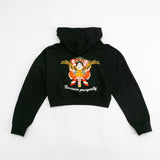 Black hoodie with a colorful graphic and text on the back against a white background