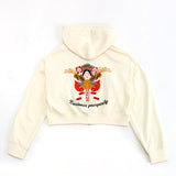 White hoodie with a colorful graphic design on the back against a white background