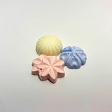 Three mini aroma stones in yellow, pink and blue, shaped like Japanese higashi sweets