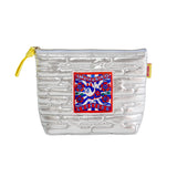 MYUUA Komainu Quilt Pouch in Silver — main product view featuring Komainu guardian lion-dog