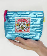 MYUUA Maneki-neko Lucky Cat Quilt Pouch in Blue — main product view featuring Maneki-neko (lucky cat)
