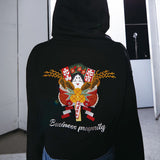 Black hoodie with a colorful design and 'Business prosperity' text on the back, worn by a person.