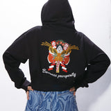 Black hoodie with a colorful design and 'Business prosperity' text on the back, worn by a person.