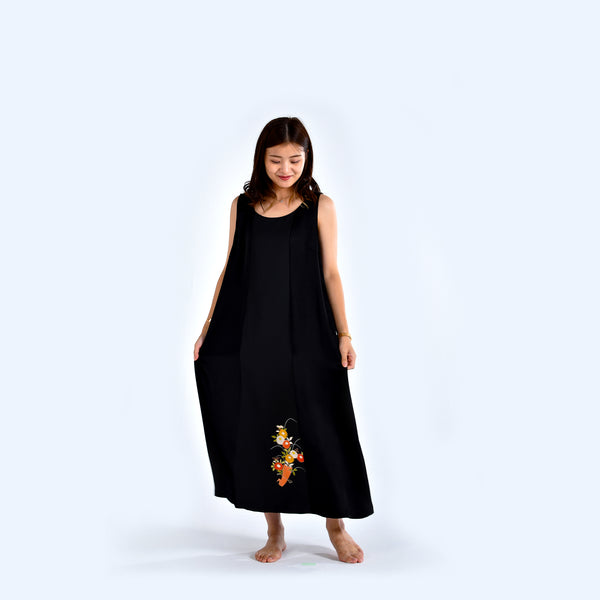 Japanese kimono fabric Colorful Chrysanthemum Pattern Black Dress