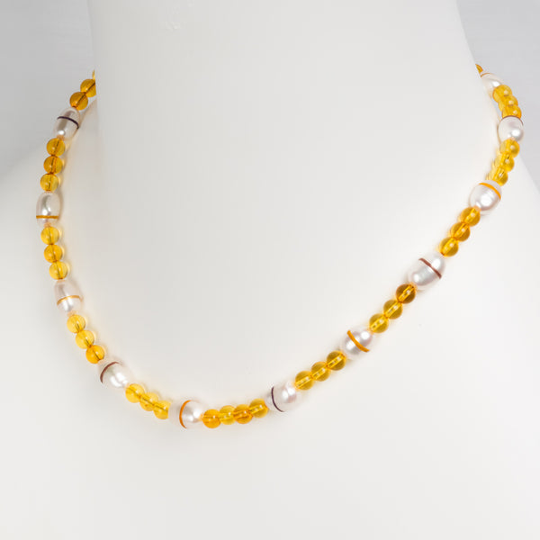 Silver Freshwater Pearl Amber Maki-e Necklace