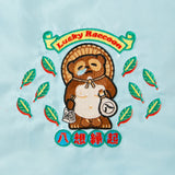 MYUUA Lucky Tanuki Drawstring Pouch — close-up of Tanuki raccoon-dog embroidery